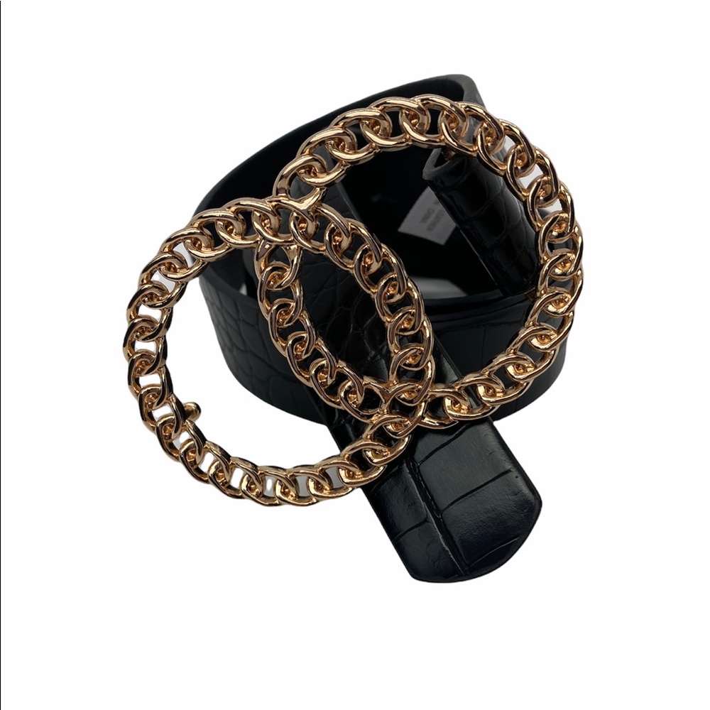 Double Circle Buckle Black Faux Leather Belt